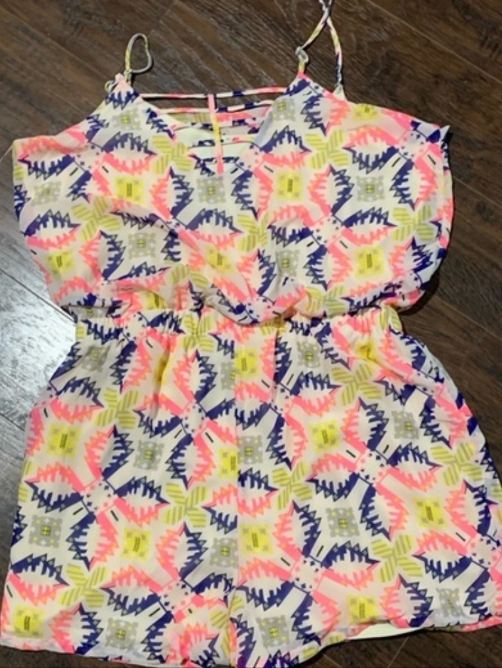 Women’s Neon Geo Print Romper - Pink, Yellow & Navy - Picture 2 of 4